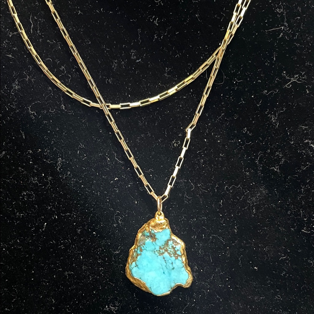 Raw Turquoise Pendant Layered Necklace 22" 14k Gold Plated Paperclip Chain Boho
